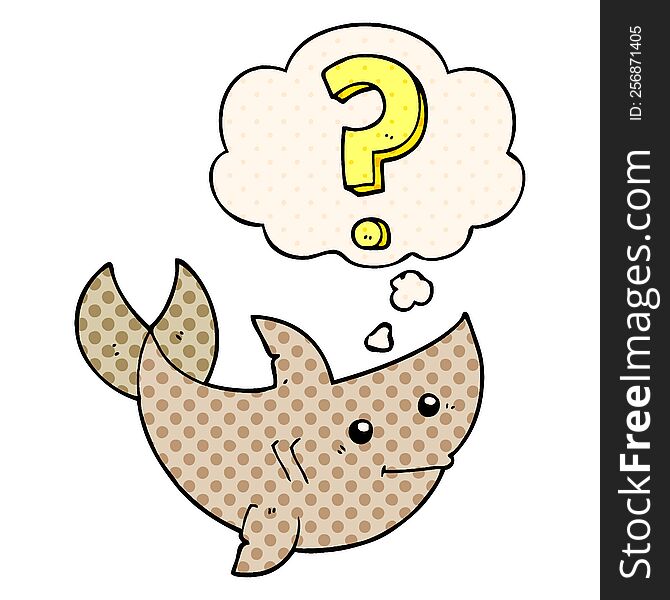 cartoon shark asking question with thought bubble in comic book style