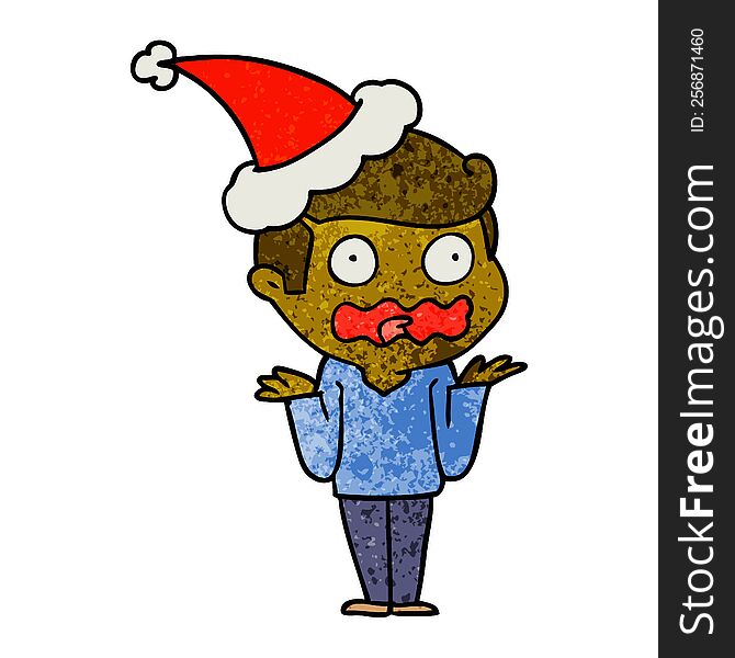 hand drawn textured cartoon of a man totally stressed out wearing santa hat