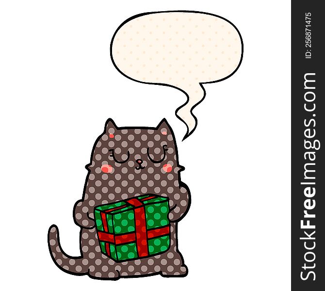 cartoon christmas cat with speech bubble in comic book style
