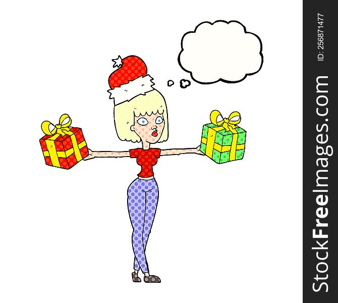 thought bubble cartoon woman with xmas presents