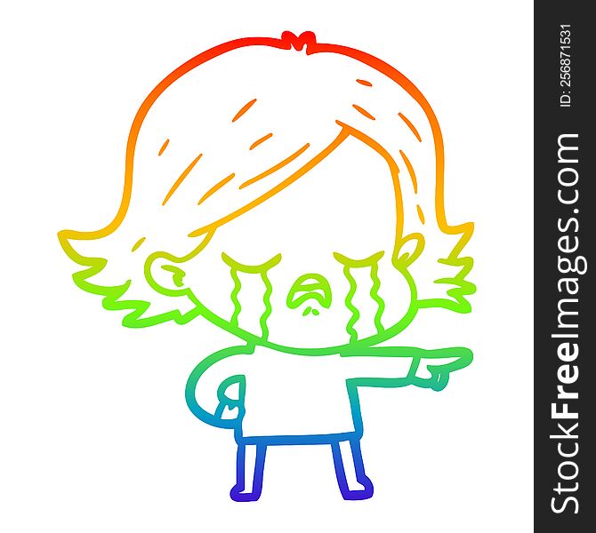 Rainbow Gradient Line Drawing Cartoon Girl Crying And Pointing