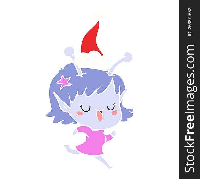 Happy Alien Girl Flat Color Illustration Of A Wearing Santa Hat