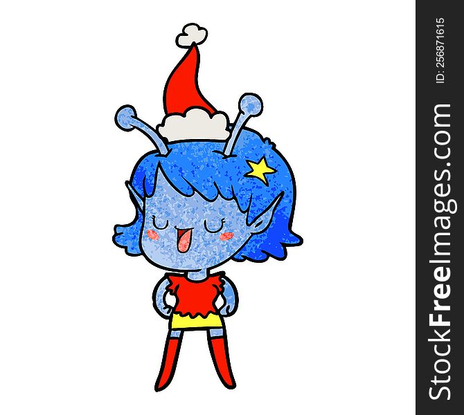 Happy Alien Girl Textured Cartoon Of A Wearing Santa Hat
