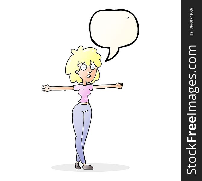 freehand drawn speech bubble cartoon woman spreading arms