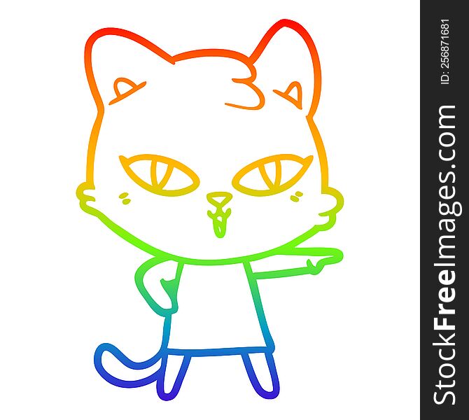 rainbow gradient line drawing of a cartoon cat in dress pointing