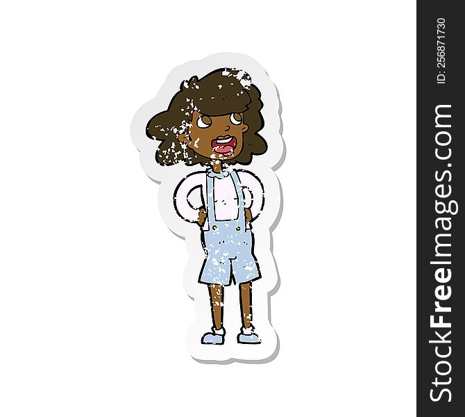 retro distressed sticker of a cartoon woman in dungarees