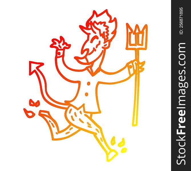 Warm Gradient Line Drawing Cartoon Devil With Pitchfork