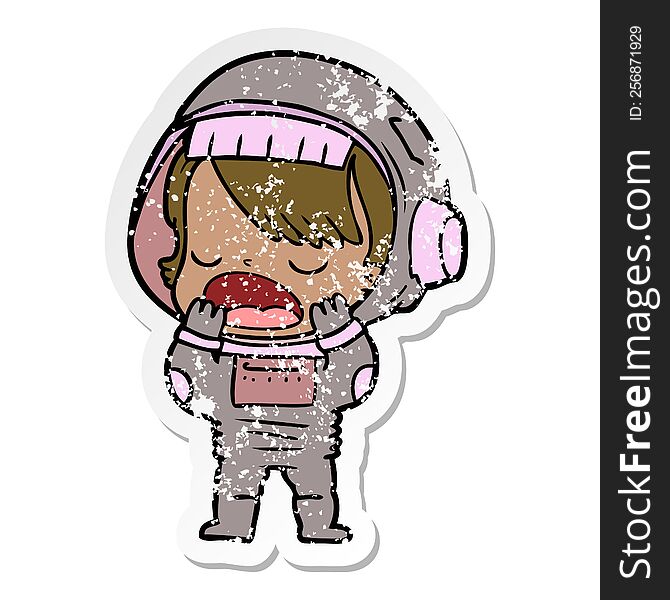 distressed sticker of a cartoon talking astronaut yawning