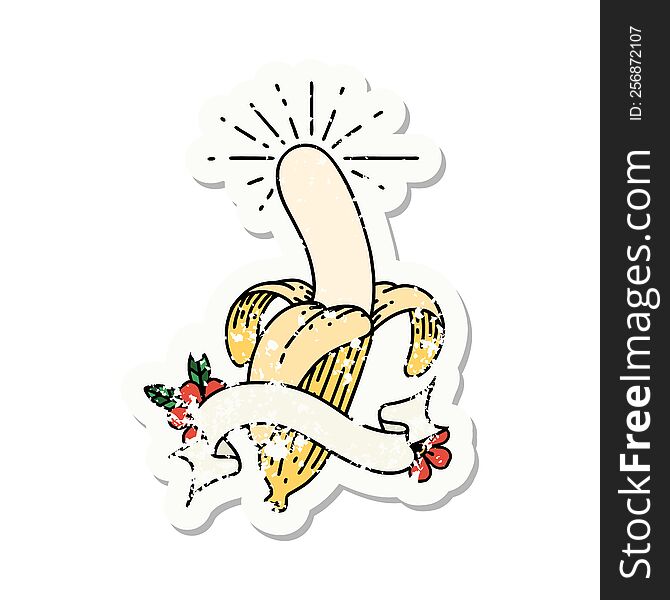 grunge sticker of tattoo style peeled banana