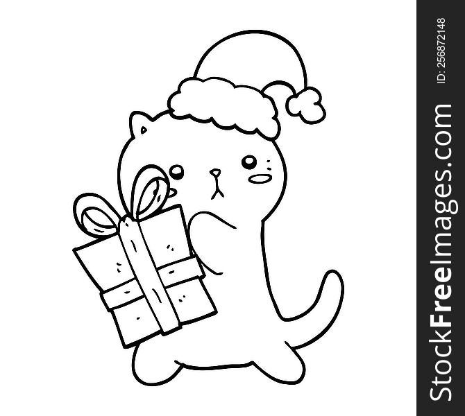 cute cartoon cat carrying christmas present