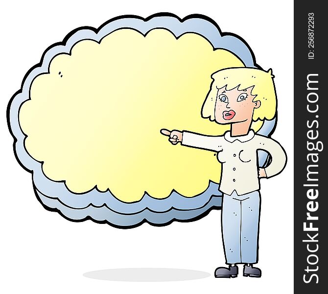 cartoon woman pointing at text cloud space. cartoon woman pointing at text cloud space