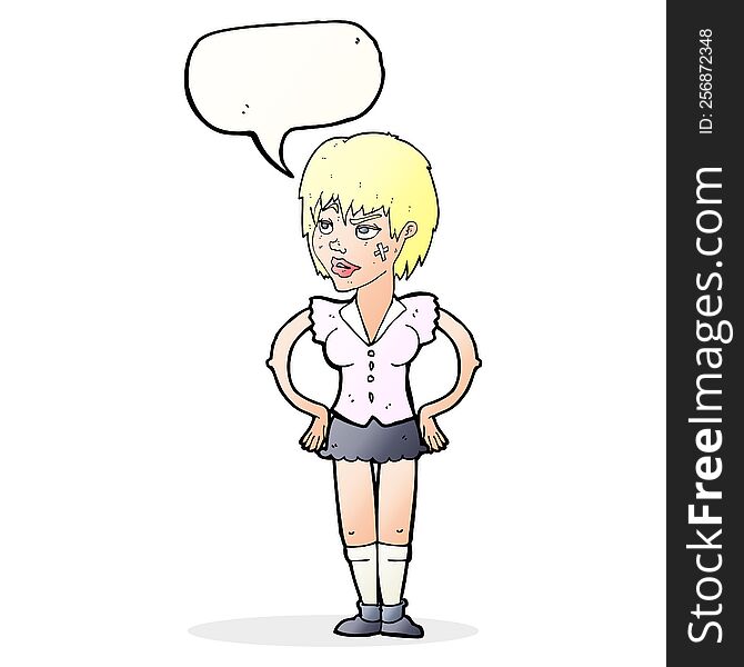 cartoon tough woman with hands on hips with speech bubble