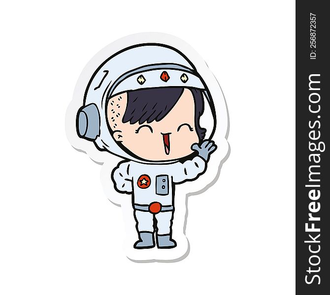 Sticker Of A Cartoon Happy Astronaut Girl Waving