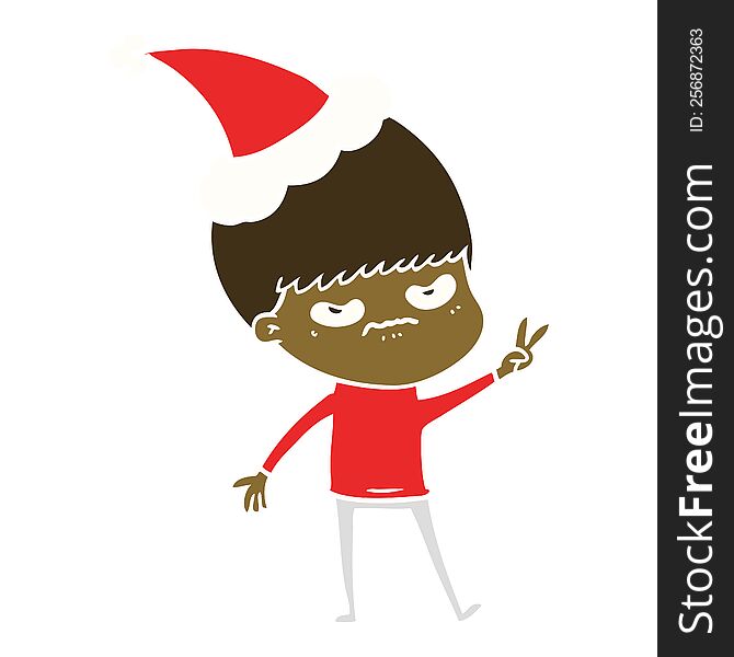 Annoyed Flat Color Illustration Of A Boy Wearing Santa Hat