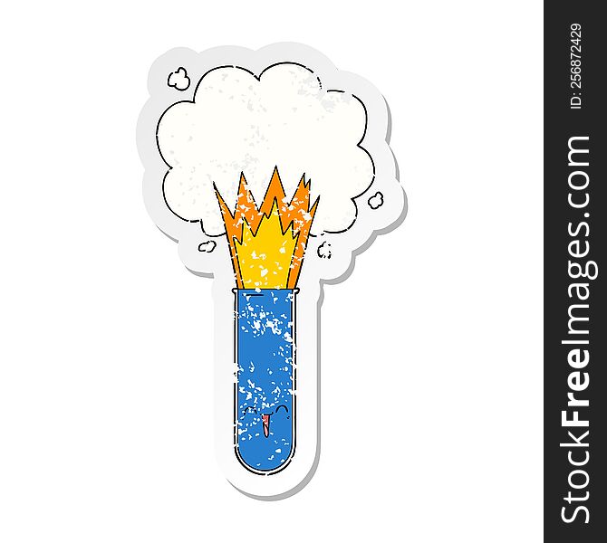 distressed sticker of a cartoon exploding chemicals in test tube