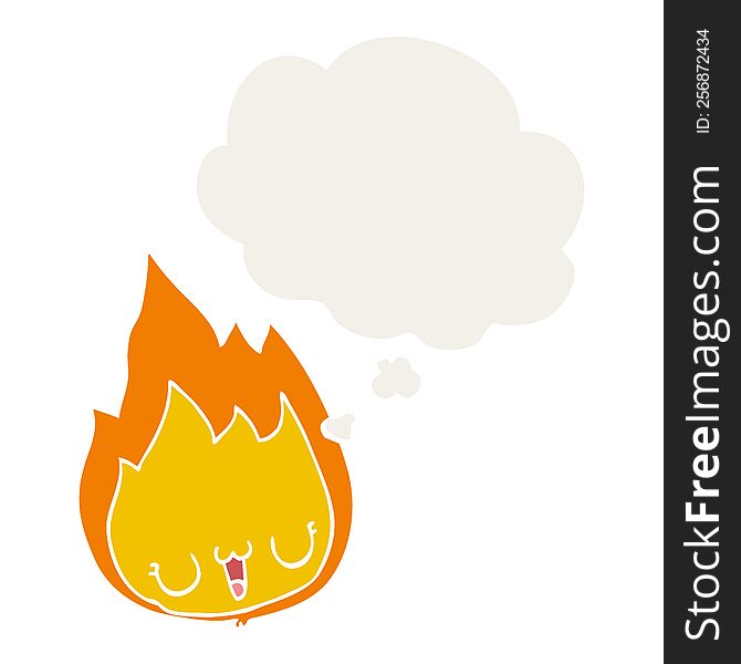 cartoon flame with face with thought bubble in retro style
