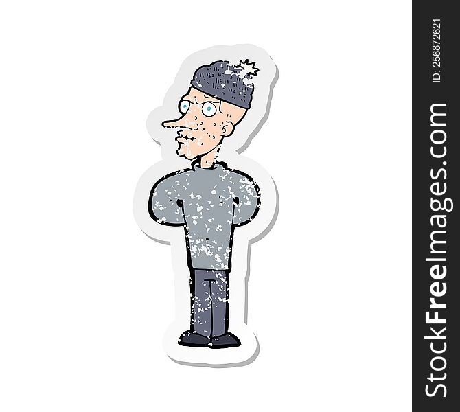 retro distressed sticker of a cartoon man wearing winter hat