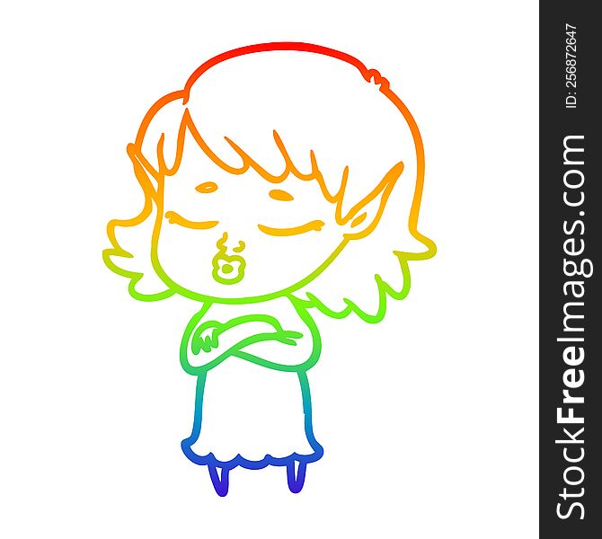 Rainbow Gradient Line Drawing Pretty Cartoon Elf Girl With Corssed Arms