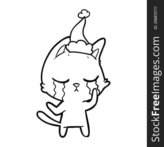 Crying Line Drawing Of A Cat Wearing Santa Hat