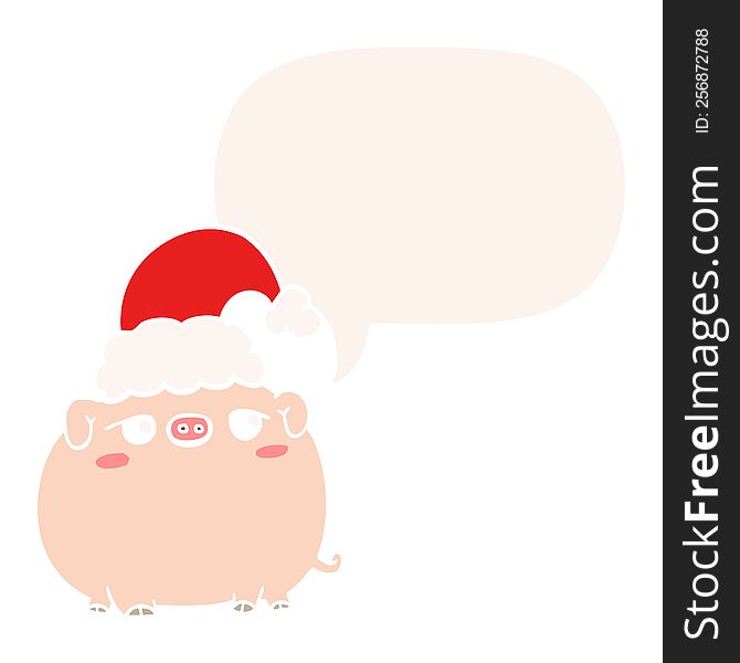 Cartoon Pig Wearing Christmas Hat And Speech Bubble In Retro Style