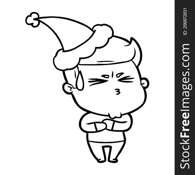 Line Drawing Of A Frustrated Man Wearing Santa Hat