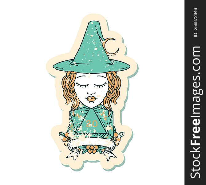 Retro Tattoo Style human witch with natural twenty dice roll. Retro Tattoo Style human witch with natural twenty dice roll