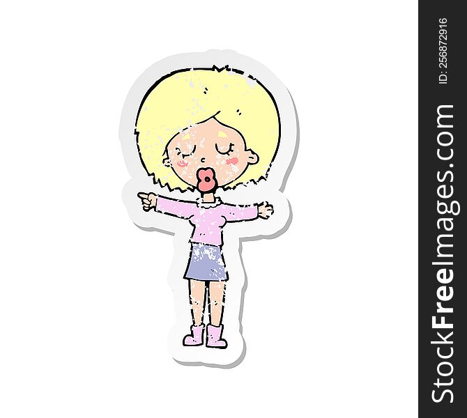 Retro Distressed Sticker Of A Cartoon Pointing Woman