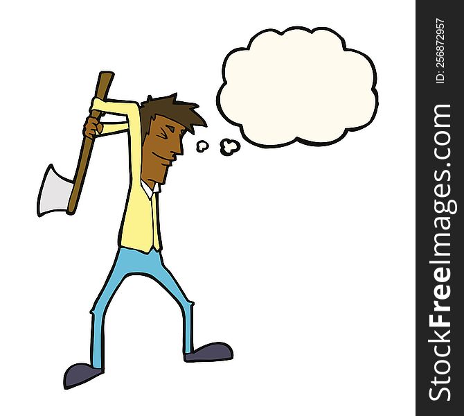 cartoon man swinging axe with thought bubble