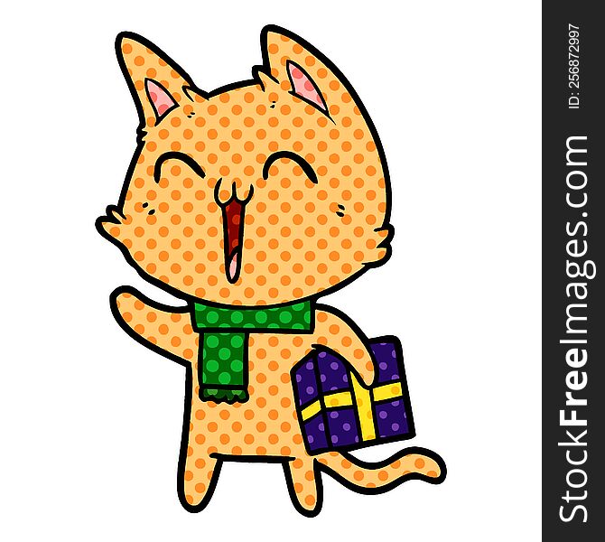happy cartoon cat with christmas gift. happy cartoon cat with christmas gift