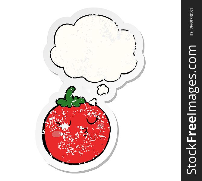 cartoon tomato with thought bubble as a distressed worn sticker