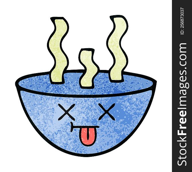 retro grunge texture cartoon of a bowl of hot soup