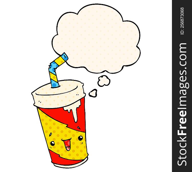 cartoon soda cup with thought bubble in comic book style