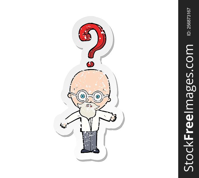 Retro Distressed Sticker Of A Cartoon Older Man With Question