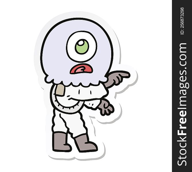 Sticker Of A Cartoon Cyclops Alien Spaceman Pointing