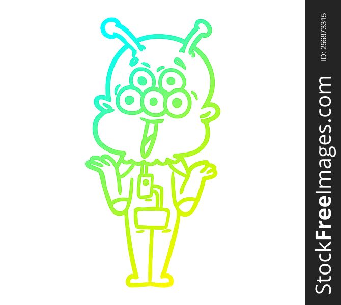 cold gradient line drawing of a happy cartoon alien shrugging shoulders