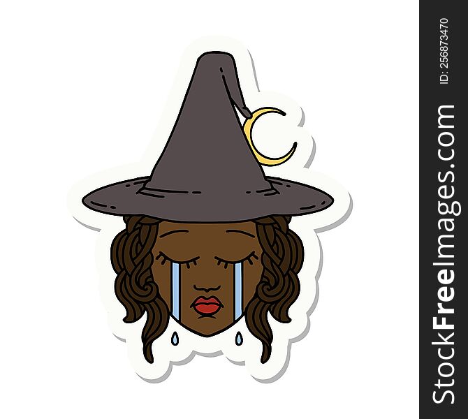 sticker of a crying human witch character. sticker of a crying human witch character