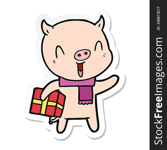 Sticker Of A Happy Cartoon Pig With Xmas Present