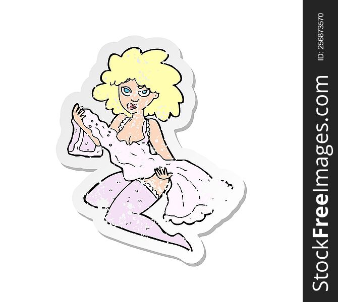 Retro Distressed Sticker Of A Cartoon Woman Changing