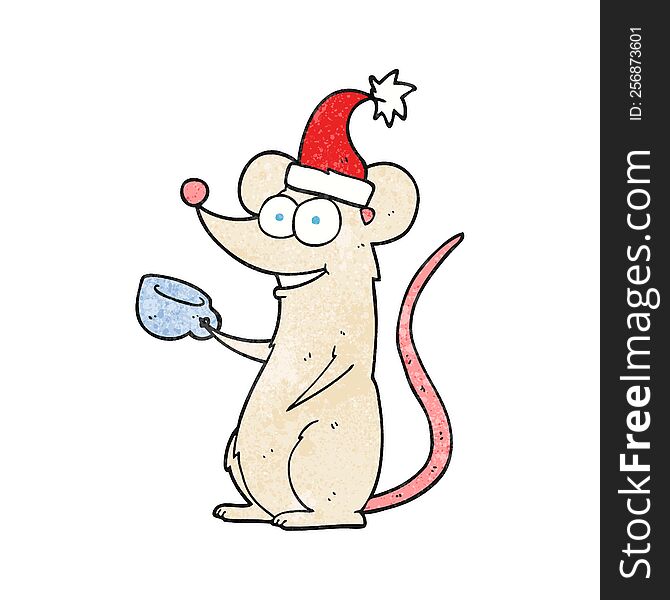 freehand textured cartoon mouse wearing christmas hat