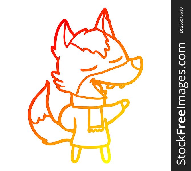 Warm Gradient Line Drawing Cartoon Wolf In Scarf Laughing