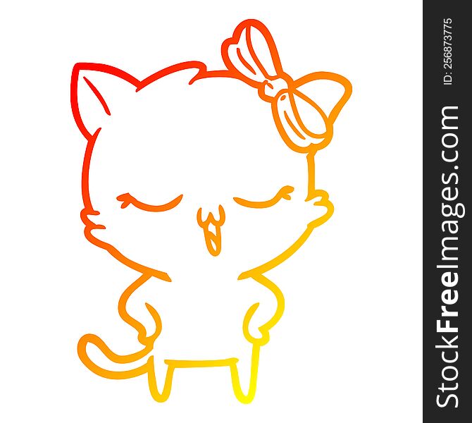 warm gradient line drawing of a cartoon cat with bow on head and hands on hips