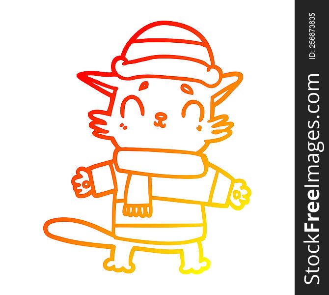 warm gradient line drawing cartoon cat in winter clothes