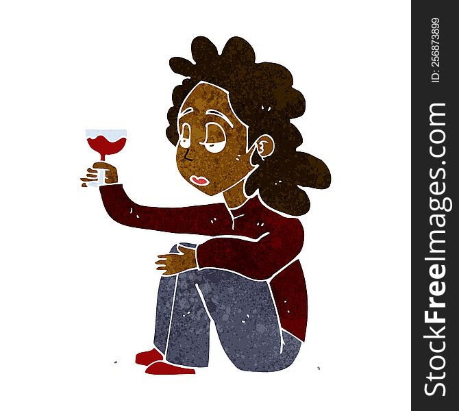 cartoon unhappy woman with glass of wine