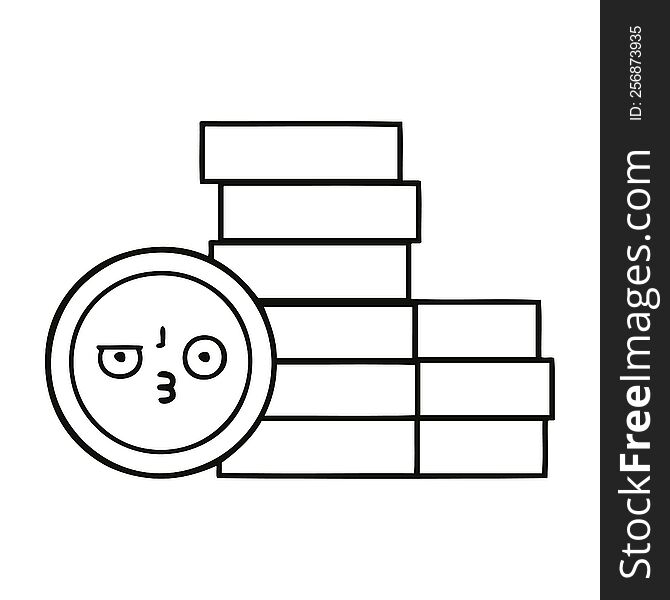 line drawing cartoon of a coins. line drawing cartoon of a coins