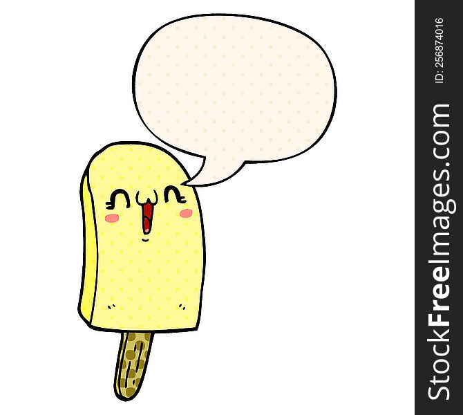 cartoon frozen ice lolly with speech bubble in comic book style