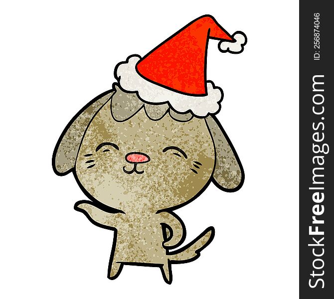 happy hand drawn textured cartoon of a dog wearing santa hat. happy hand drawn textured cartoon of a dog wearing santa hat