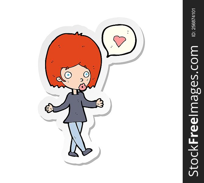 Sticker Of A Cartoon Woman In Love Shrugging Shoulders
