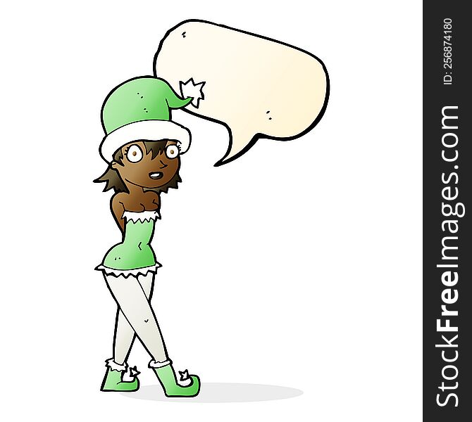 cartoon woman in christmas elf costume with speech bubble