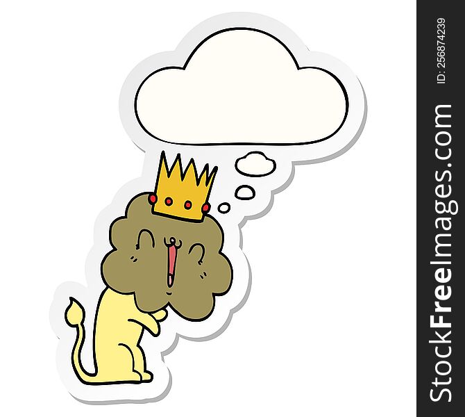 cartoon lion with crown with thought bubble as a printed sticker