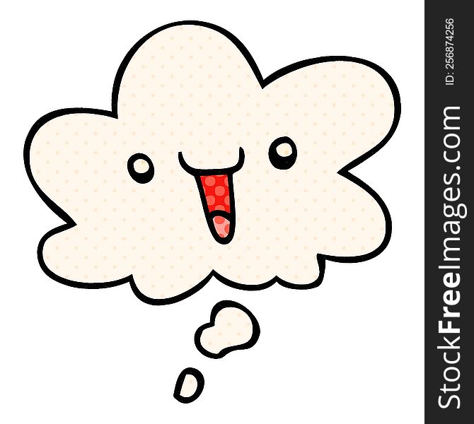 cute happy cartoon face with thought bubble in comic book style